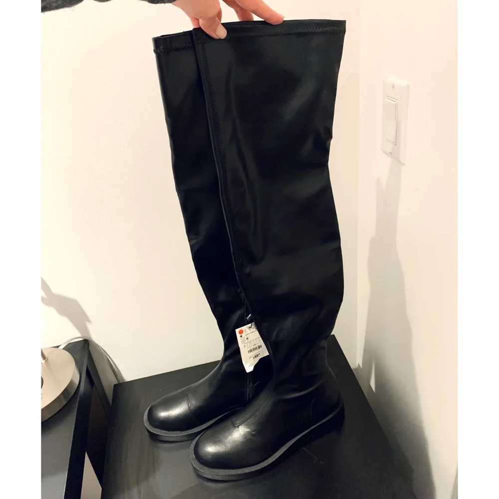 NWT Zara Flat Over the Knee Black Boots - Picture 9 of 11